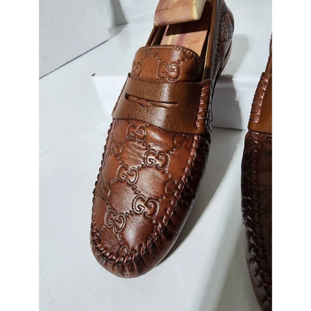 Authentic Gucci Cognac Leather Upper Geometric Loafers Brown Size 5.5 - Picture 4 of 16